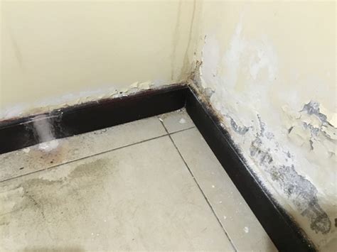 Water leaking from under baseboards through bathroom wall